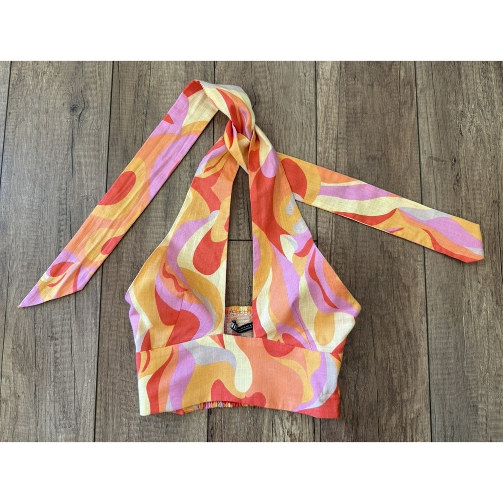 Zara XS Retro 60s Swirl Print Halter Crop Top Linen Blend Pink‎ Orange Yellow
